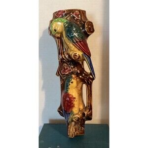 Vintage Ceramic Wall Pocket Vase Two Parrots on Branch Brown Green‎ Red Blue